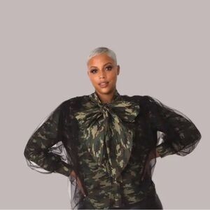 Camo Bow-Tie Blouse with Sheer Puff Sleeves